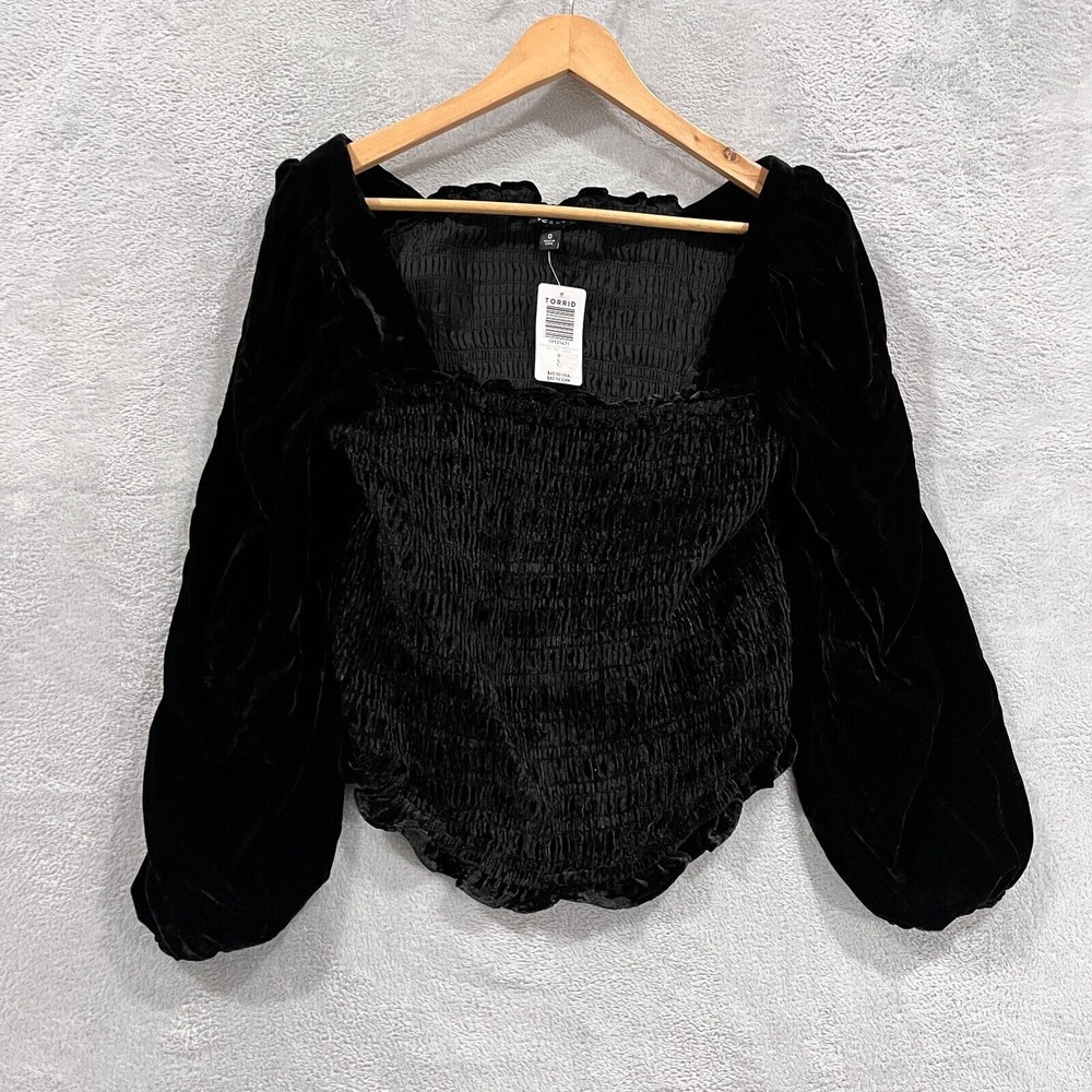 Torrid Crop Top Size 0 (Large) Smocked Velvet‎ Long Sleeve Balloon Sleeve NWT